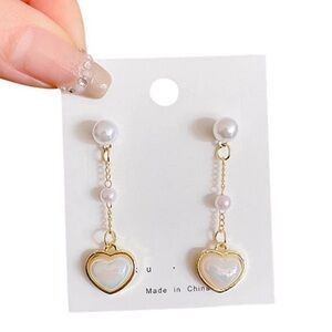 Gold Pearl Heart Stainless Steel Drop Earrings NWT